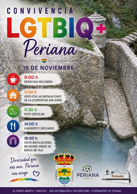 Cartel de la Convivencia LGTBIQ+ en Periana, 15 de noviembre de 2026: la poza de piedra del balneario de los Baños de Vilo con el programa del día y el lema «Diversidad que nos une, Periana nos acoge»