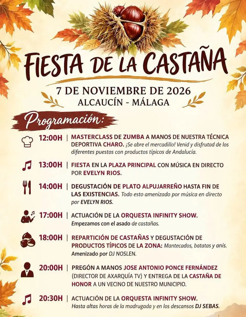 Cartel de la Fiesta de la Castaña de Alcaucín, 7 de noviembre de 2026, con castañas y hojas de otoño